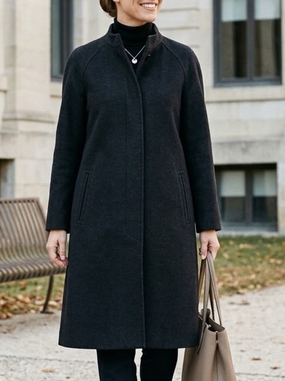 Hilary Radley Black Stand Collar Long Dress Coat Zip-In Lining Size 10